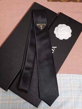 Authentic Prada Black Silk Tie, Iconic Triangle Logo Plaque